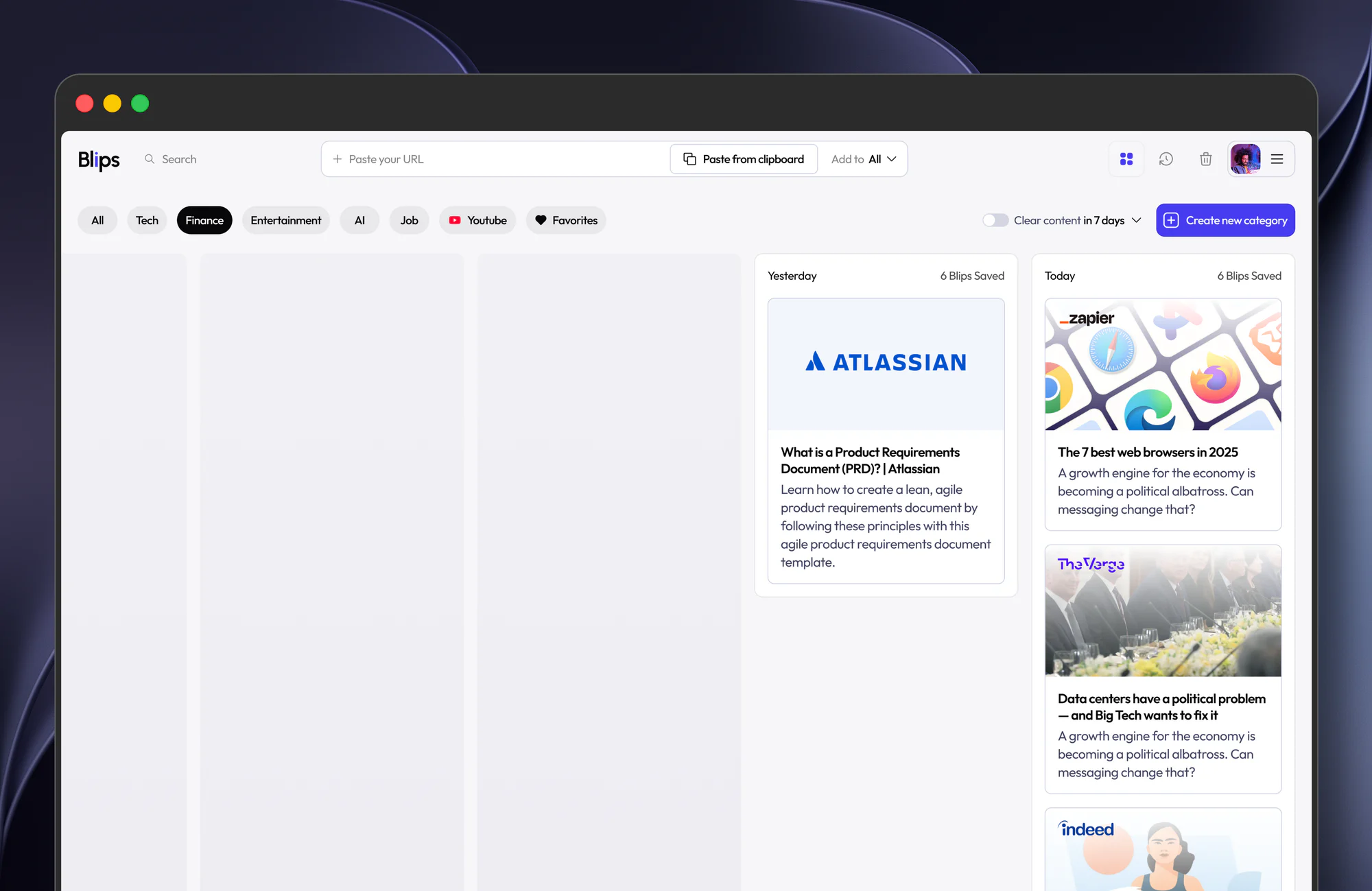 Blips saved-content board
