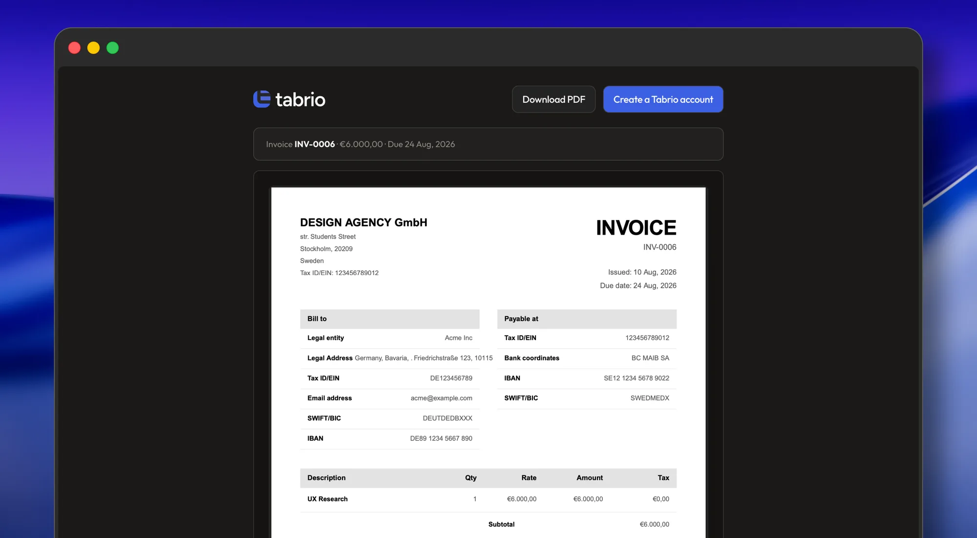 Tabrio invoice view